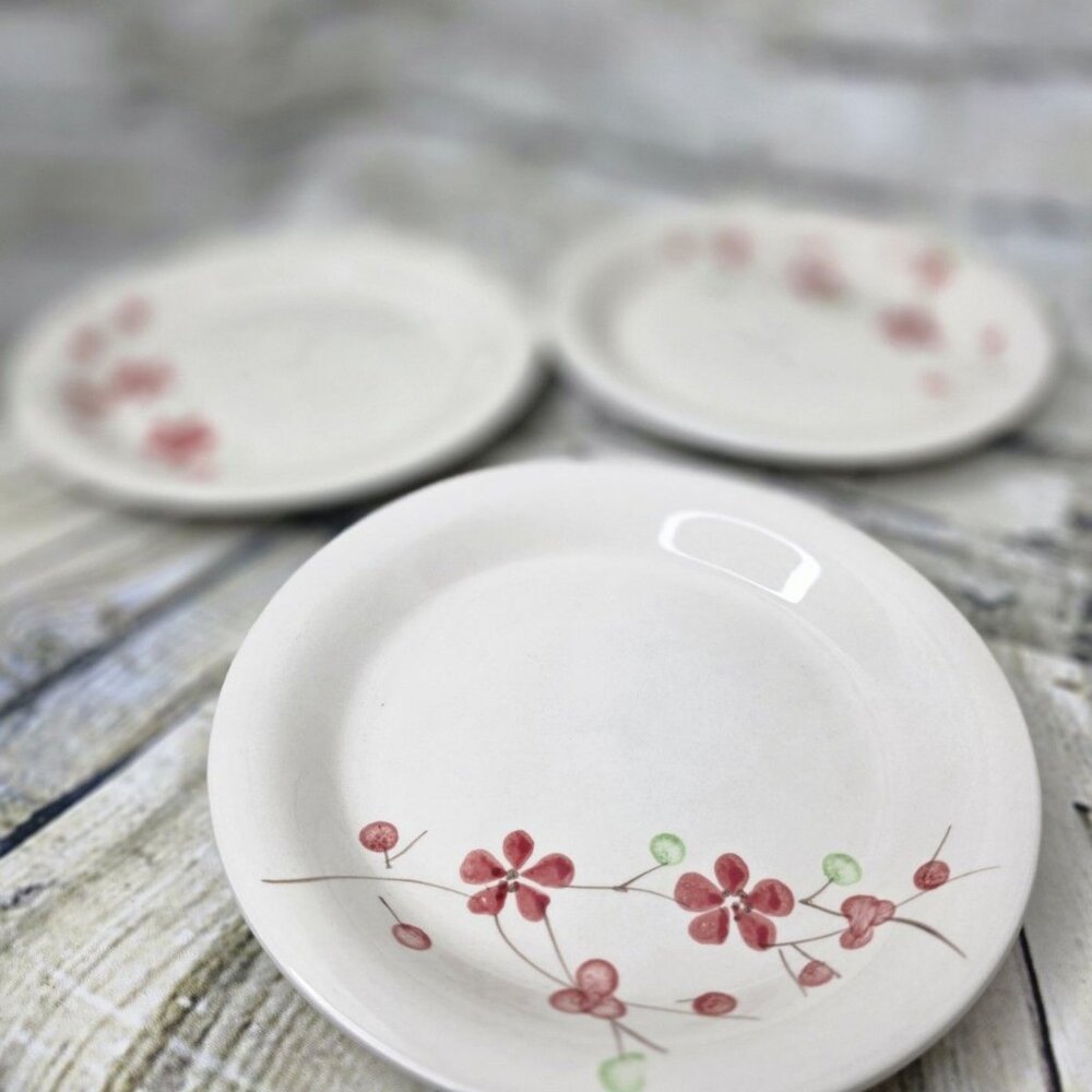 Pier 1 Salad Dessert Plate Set of 3 Red Flower Green Berry Stoneware Appx 7.5"